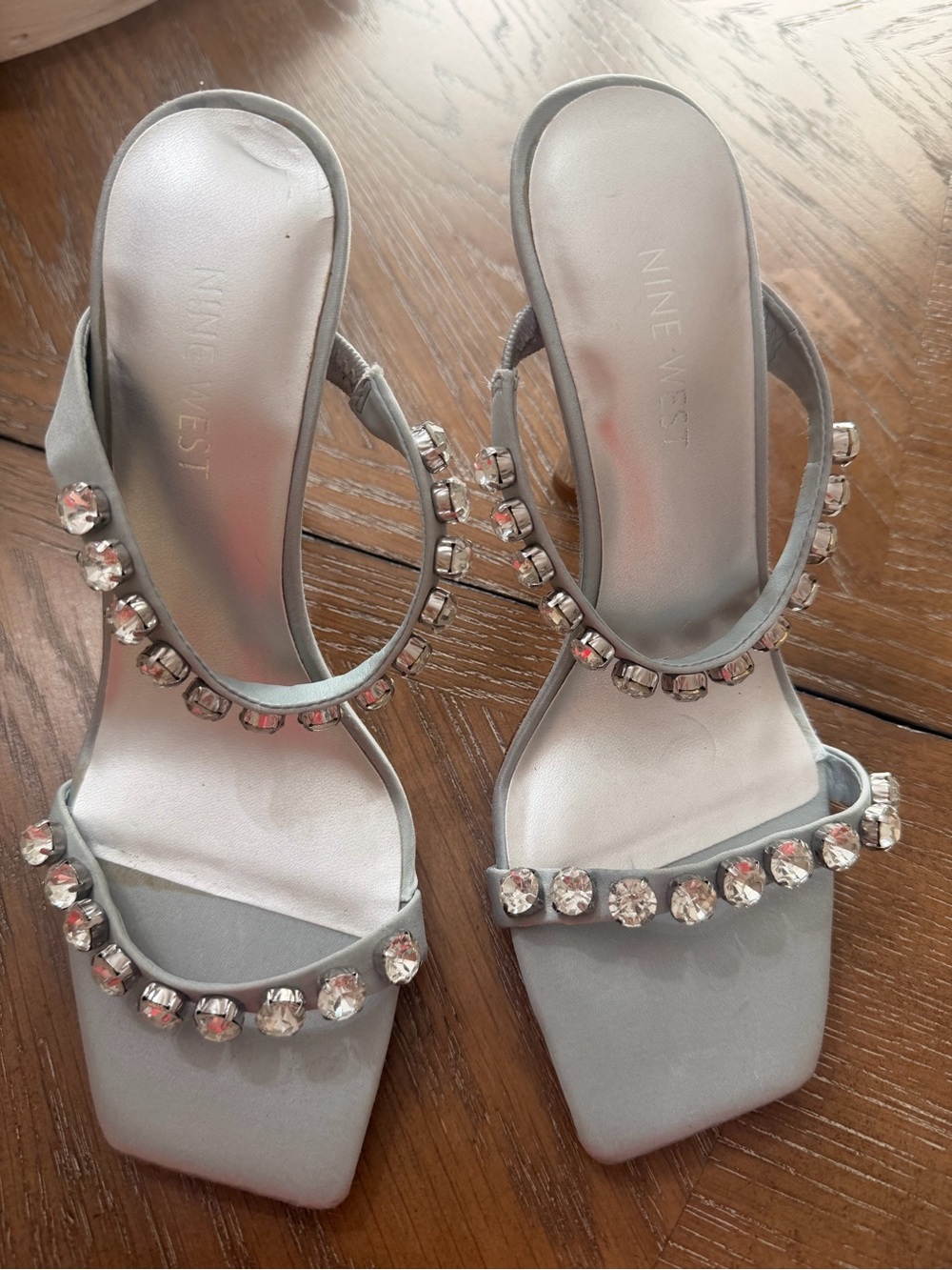 Nine West Silver Crystal-Trim Square-Toe Slide Heels